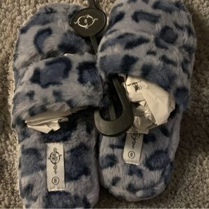 Double Band Grey and Black Faux Fur Grippy Sole Ladies Slippers